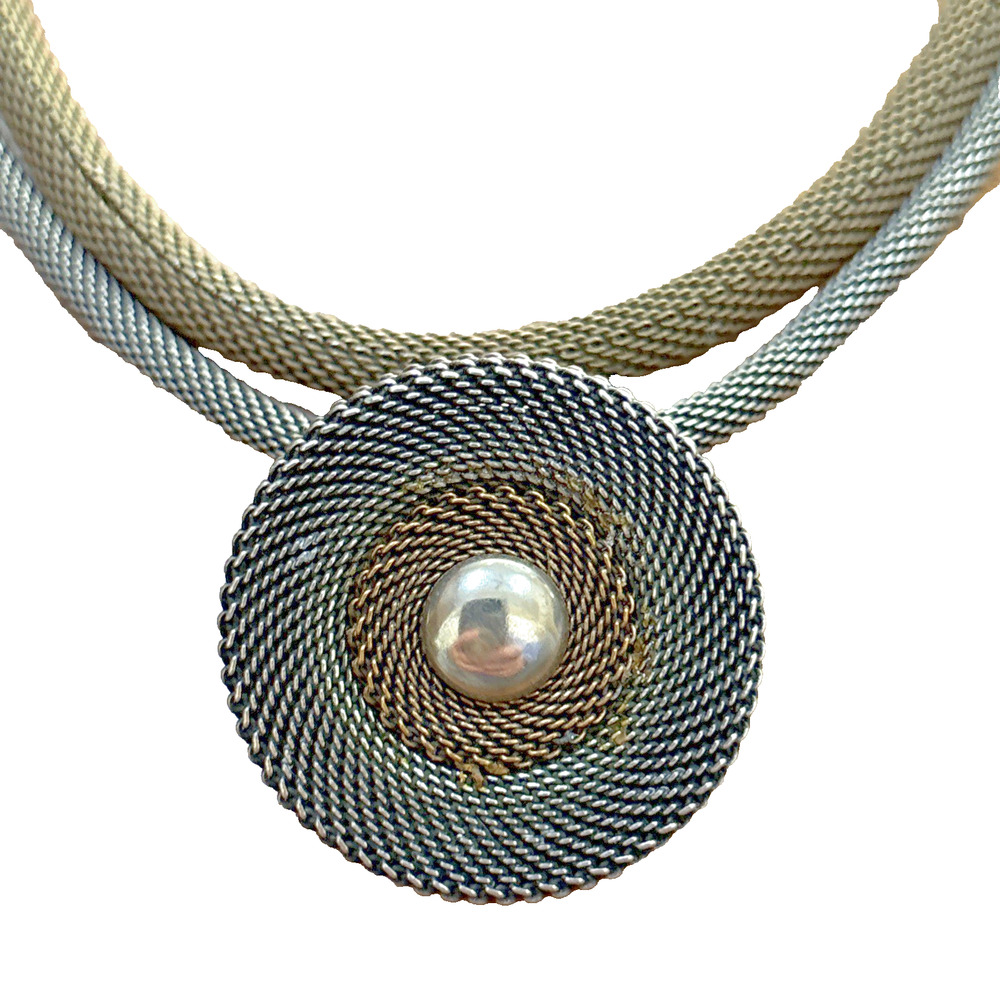 Jan Michael Signed Choker Rope Mesh Pendant Necklace Bronze & Silver Tubular